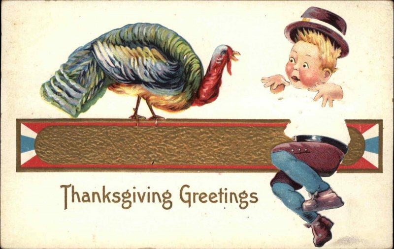 THANKSGIVING Turkey Scares Little Boy c1910 Postcard