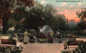 Rochester NY-New York, 1911 Jones Square Fountain Park Benches, Vintage Postcard