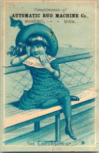 Vintage Adorable Victorian Girl Auto Rug Machine Antique Trade Card, Morensi, MI