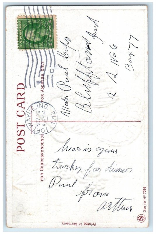 1912 Thanksgiving Greetings Turkey And Fruits Embossed Fort Wayne IN Postcard