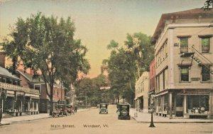 Windsor VT Main Street  Storefronts Old Cars Albertype Postcard