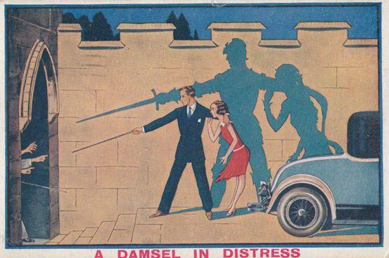 A Damsel In Distress Swashbuckling Silhouette Sword Fighting Old Comic Postcard