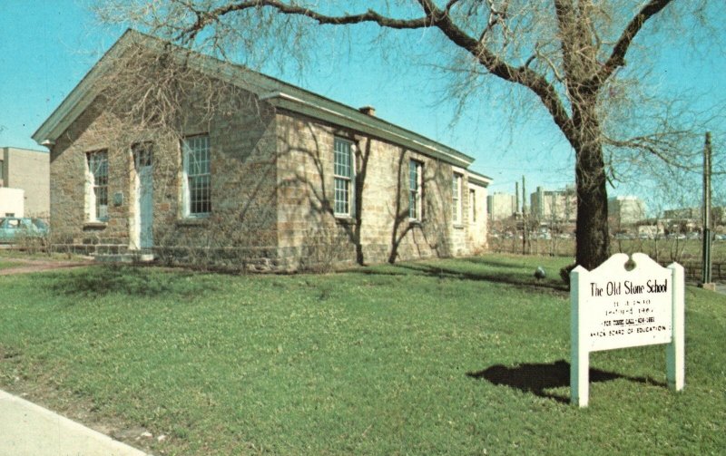 Vintage Postcard The Old Stone School Broadway Downtown Akron Ohio OH