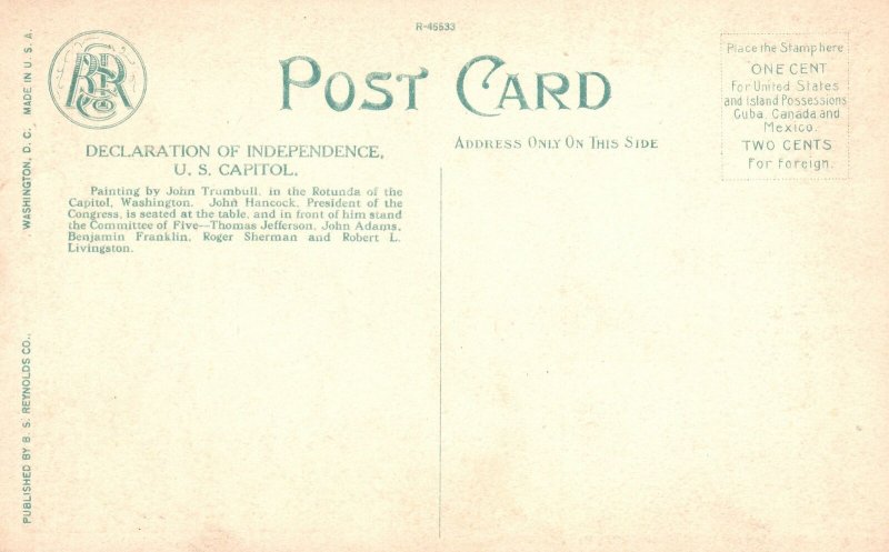 Vintage Postcard Declaration Of Independence U. S. Capitol Washington D. C.