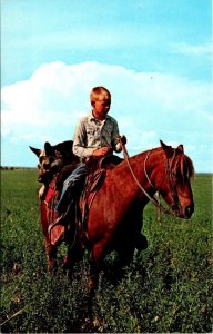 Sandhills, NE Nebraska  BILLY MELCHER~Boy & DOG Cap Riding PONY Tim   Postcard