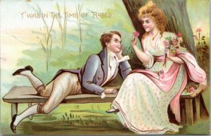 Postcard Love Romance T'was in the Time of Roses couple courtship