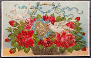 Vintage Victorian Postcard 1907-1915 Best Birthday Wishes - Basket of Red Roses