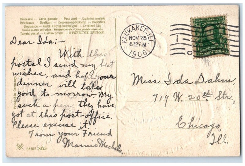 1908 Thanksgiving Greetings Turkey Airbrushed Embossed Milwaukee WI Postcard 