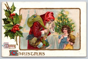 Christmas Santa In Hooded Robe w/Toys & Twig Broom~Lil Girls Watch~Gold~Emb~1909