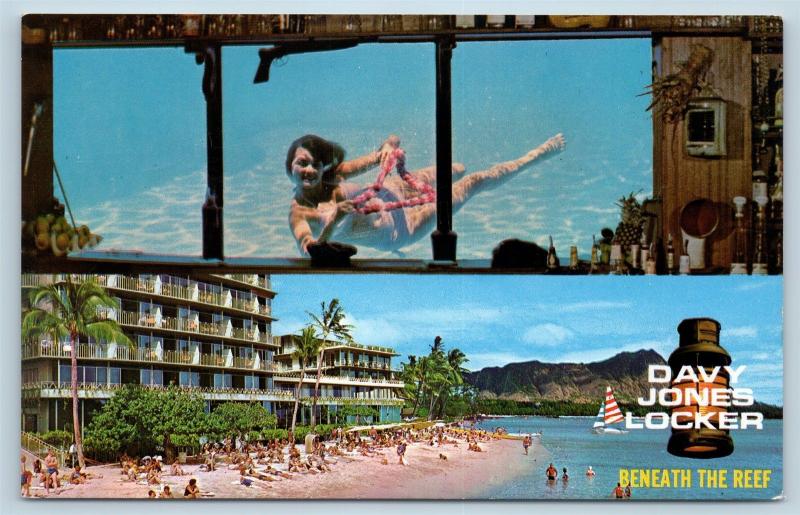 Postcard HI Waikiki Davy Jones Locker Tiki Bar Reef Hotel Pool View Swimmer M05