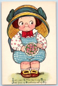 c1910s Cute Little Darling Boy With Flowers Bouquet Bright Eyes Drayton Postcard