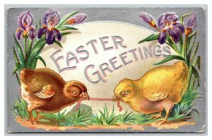 Vintage 1911 Easter Postcard Chicks Fight Over Worm Giant Egg Purple Flowers