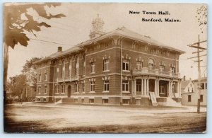 RPPC SANFORD, Maine ME ~ New TOWN HALL Street Scene 1910 York County Postcard