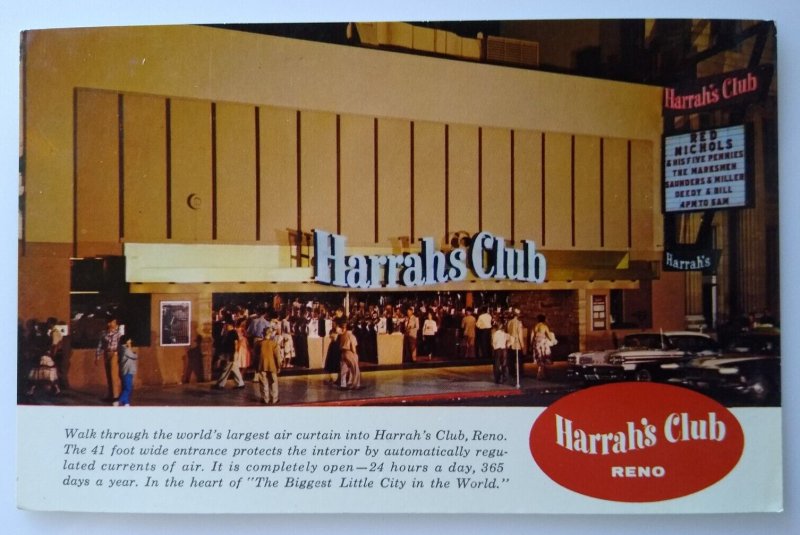 Harrahs Club Casino Postcard Reno Nevada Slot Machines Old Cars Red Nichols Jazz