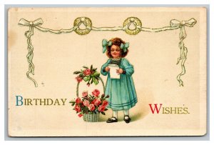 Vintage 1915 Birthday Postcard Cute Girl with Giant Basket of Pink Roses