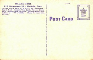 Bel-Aire Motel Highway 40 70-S Nashville Tennessee TN UNP Linen Postcard Q12