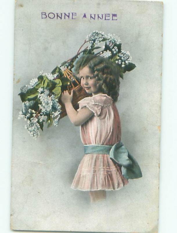 foreign 1912 Postcard FRENCH GIRL CARRYING FLOWER BASKET AC2701