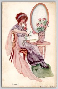 Pretty Lady in Purple Sweets and Roses Anglo-American Artist Signed Postcard L36