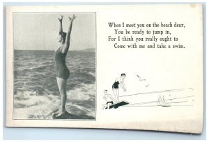 c1910's Mack Sennett Woman On Beach Diving Boat Birds Exhibit Arcade Card 