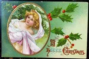 Vintage Victorian Postcard 1910 A Happy Christmas - Cameo of a Girl in White