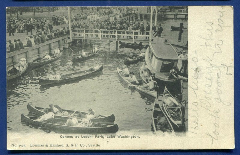 Canoes at Leschi Park Lake Washington Seattle wa postmarked 1906 old postcard