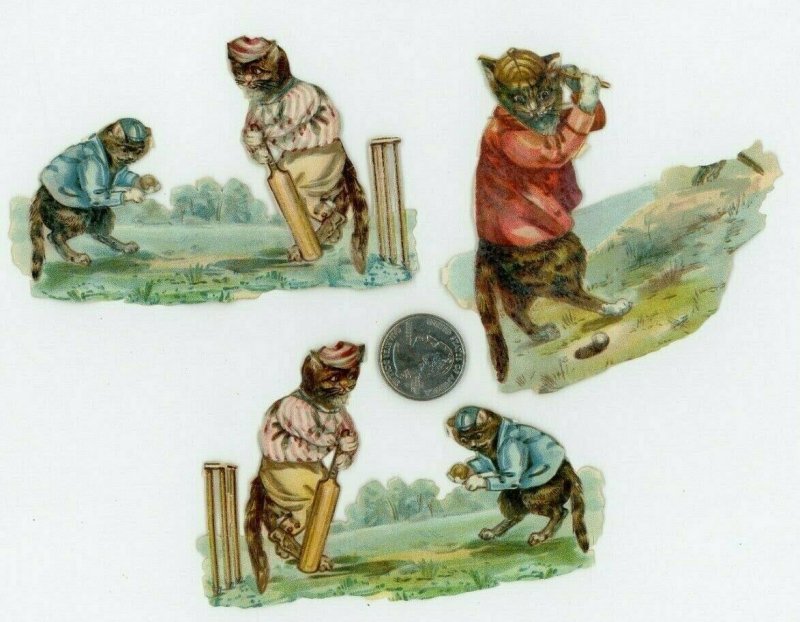 1870's-80's Lovely Cats Anthropomorphic Sport Lot Of 3 Victorian Die Cut X86 