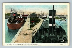 Sault Ste. Marie, MI-Michigan, Ships At Soo Locks, Vintage Postcard 