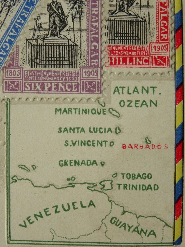 Caribbean BARBADOS Philately STAMPS, MAP & HERALDIC ARMS c1910 Embossed Postcard