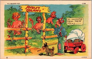 1940's RAY WALTERS NUDIST COLONY HUMOR LINEN POSTCARD UNUSED Risqué Naked JH7