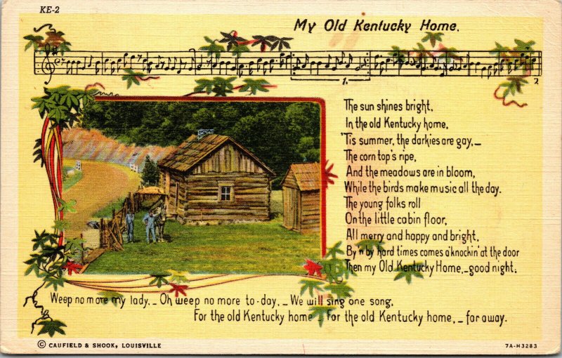 Vtg 1930s My Old Kentucky Home Song Lyrics Linen Postcard