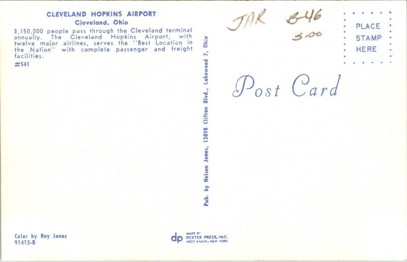 Cleveland Hopkins Airport Ohio OH Terminal Postcard UNP VTG Dexter Unused 