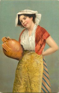 Italian folk type costumes lady with pot 1900s Stengel & Co. fine art postcard