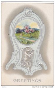 Greetings, Scene of Pink flowered tree in field, White clock frame, Angel, 10...