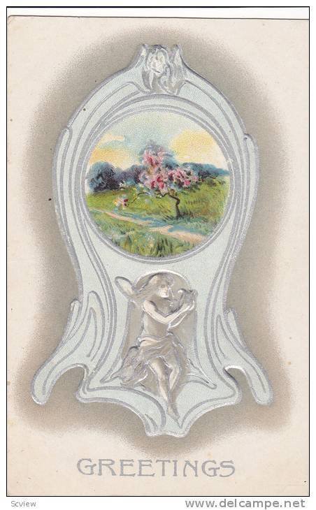 Greetings, Scene of Pink flowered tree in field, White clock frame, Angel, 10...