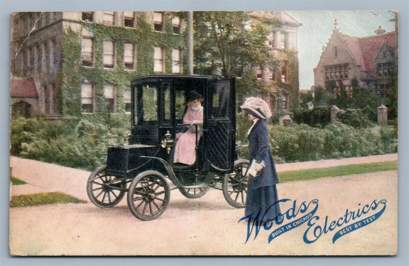 WOODS ELECTRICS ADVERTISING CHICAGO IL ANTIQUE POSTCARD early horseless carriage