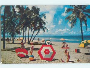 Pre-1980 RISQUE BATHING SUIT GIRLS WITH COLORFUL UMBRELLAS Miami Beach FL G5970