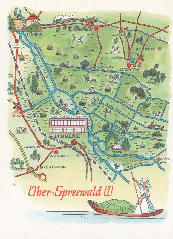 Oberspreewald Brandenburg German Germany Karte Boat Ship Map Postcard