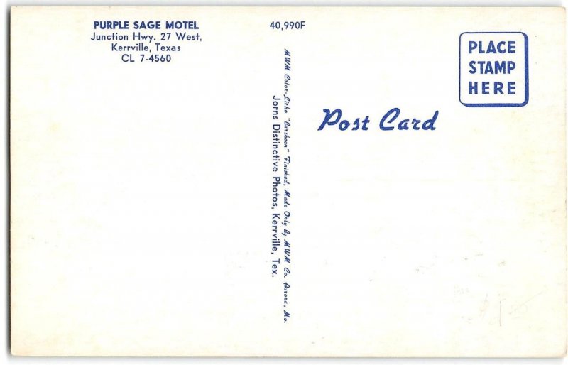 Kerrville, Texas PURPLE SAGE MOTEL Roadside 1960s Chrome Vintage Postcard