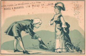 1880s-90s Man Bowing to Woman Victorian Dress Merrill & Mackintire Note Paper