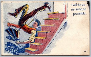 1907 Comic Humor Postcard Man Falling Down Stairs Will be Up Soon Portsmouth OH