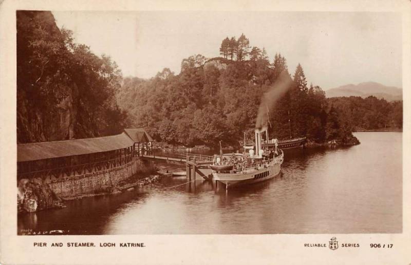 Loch Katrine Scotland Pier and Steamer Real Photo Antique Postcard J39542