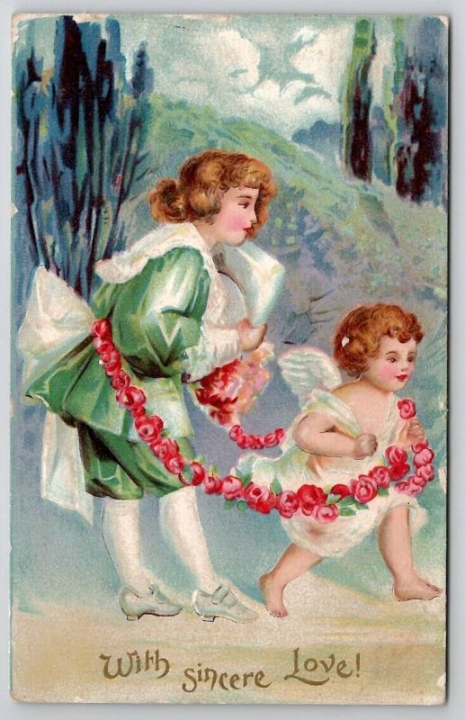 Valentine Greeting Child With Cherub Sincere Love Postcard X24
