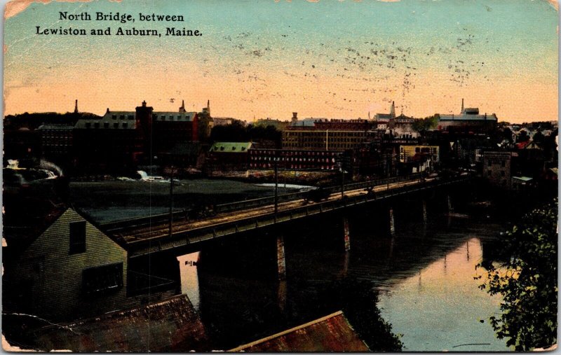 Lewston & Auburn Maine North Bridge Scenic Landmark DB Cancel WOB Postcard 