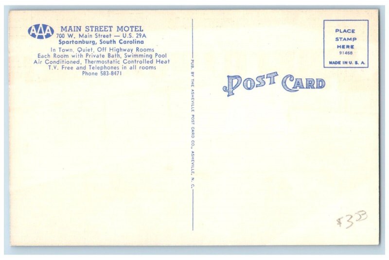 Spartanburg South Carolina SC Postcard Main Street Motel Main Street Pool c1940