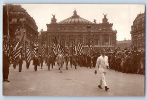 France Postcardrd WW1 American Legion Flag Parade Building c1930's RPPC Photo