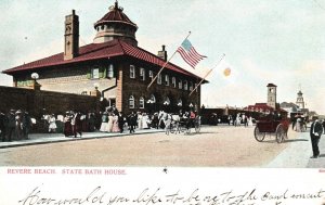 Vintage Postcard Revere Beach State Bath House Roadway US Flag Massachusetts MA