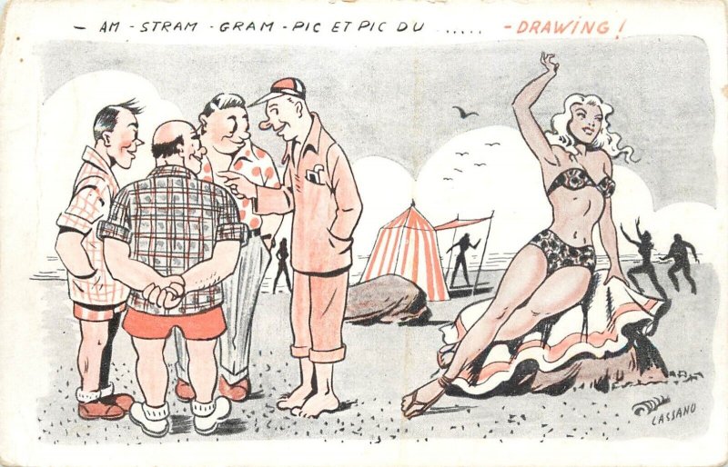 Humor comic caricature postcard France men staring at beautiful woman on beach