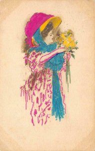 Woman in Hat Dayton, OH Millinery Ad 1910 Hand-Colored Art Vintage Postcard