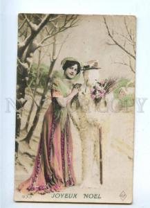 3161759 BELLE Lady & Smoking SNOWMAN vintage PHOTO tinted PC