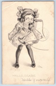 Wall Signed Artist Postcard Little Girl Telephone Eugene Oregon OR 1912 Antique